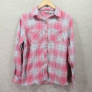 L.L. Bean Shirt S Small Pink Plaid Modern Roll Tab Sleeve Cotton Button Up